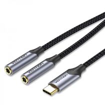 Кабель Vention Audio 3.5mm M 4pin - 2x3.5mm F 0.3 м Black Metal Type, 4 pin, з підтримкою мікрофона, стерео (BGNHY)